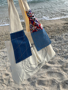 日常通勤包日系小众撞色拼接帆布包出游上课度假单肩包购物包