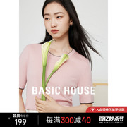 basichouse百家好撞色边绵羊毛，针织衫女春夏简约短袖，内搭打底衫