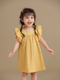 儿童背心裙黄色亲子家飞袖连衣裙，夏装2024纯色，儿童裙小女孩宝