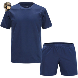 新式消短袖防体能训练服夏季圆领T恤短裤套装蓝色速干透气T恤男