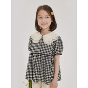 女童格子短袖衬衫夏季儿童蕾丝花边领薄款洋气上衣甜美娃娃衫