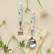 momo兔勺子不锈钢陶瓷柄西餐叉，甜品勺ins汤勺，儿童吃饭勺叉勺套装