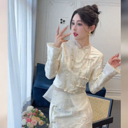 新中式国风小洋装名媛高端白色唐装盘扣上衣半身裙两件套装女春季