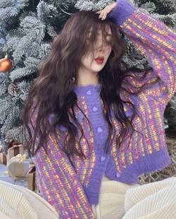 费尔岛紫色毛衣女vintage甜美爱心针织衫开衫短款春秋小香风外套
