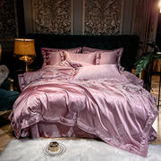60s丝棉贡缎提花四件套全棉宽边刺绣被套样板房床上用品欧式