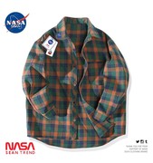 NASA联名复古格子长袖衬衫男秋冬款加绒韩版潮流休闲港风衬衣外套