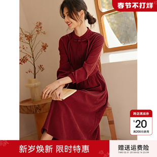 XWI/欣未复古新年红加厚连衣裙女2023年冬季收腰显瘦国风裙子