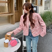 粉色小香风外套，女短款2023春韩系穿搭法式炸街小个子漂亮上衣