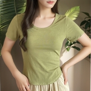 果绿色t恤女短袖圆领纯棉内搭韩版低领小衫百搭短款半袖紧身上衣