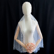 新娘纱帽手工钉珠中长款造型纱双层简约超仙影楼旅拍新娘拍照