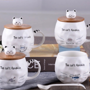 北欧卡通可爱猫咪女生木盖陶瓷杯耐温马克杯带盖勺套装水杯