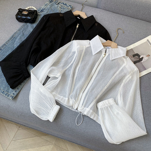 白色简洁短款拉链雪纺，防晒衫长袖，翻领轻薄上衣时尚休闲洋气