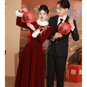 旗袍敬酒服新娘2024酒，红色订婚礼服裙，中式结婚长袖丝绒冬季女