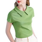 2021夏季女短袖t恤纯色半袖，棉体恤减龄娃娃领上衣女假领