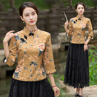 夏季女士两件套旗袍改良中国风唐装时尚，显瘦复古妈妈日常可穿上衣