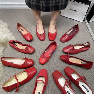 亮红色软底小红鞋单鞋，女春方头蛋卷，婚鞋百搭蝴蝶结漆皮平底奶奶鞋