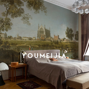 欧式风景画墙布客厅卧室背景墙，壁纸餐厅复古轻奢墙纸工装定制壁画