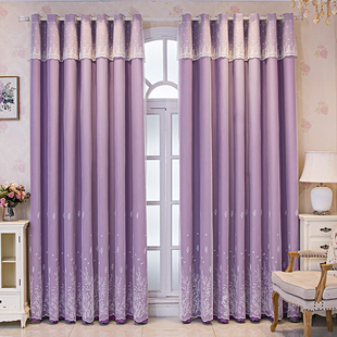 北欧简约遮光窗帘布卧室客厅飘窗网红款紫色双层一体绣花纱帘