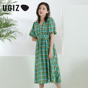 UGIZ夏季韩版女装中长款V领格子条纹连衣裙女UTBOE323