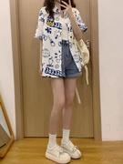 大码胖妹妹日系卡通短袖衬衫外套，夏季外搭设计感小众文艺少女衬衣