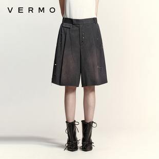 VERMO“怀旧自然”手缝天然宝石 复古酸洗破洞做旧羊毛短西裤