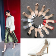 2024女鞋韩版流行尖头，单鞋细跟拼色百搭工作鞋白色透明高跟鞋