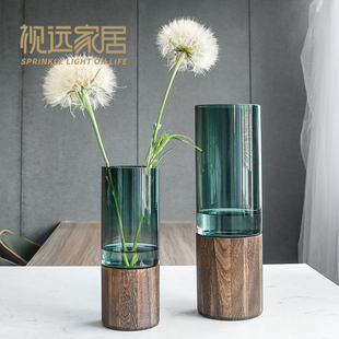 新中式高档原木花瓶玻璃，透明水养摆件客厅插花轻奢干花落地马醉木