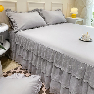 纯色三层蕾丝花边床裙款床罩式单件防滑床垫套席梦思防尘床围