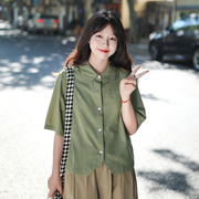 艺野系小个子短款假口袋绿色短袖衬衫，女夏文艺复古日系宽松上衣