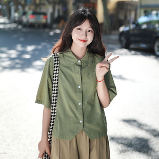 艺野系小个子短款假口袋，绿色短袖衬衫，女夏文艺复古日系宽松上衣