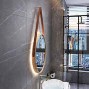 北欧圆形浴室镜实木卫生间洗手间高档皮带挂镜壁挂圆镜子挂墙带灯