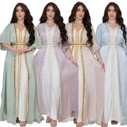 跨境外贸女装烫钻中东迪拜轻奢礼服套装亮丝缎面三件套连衣裙女