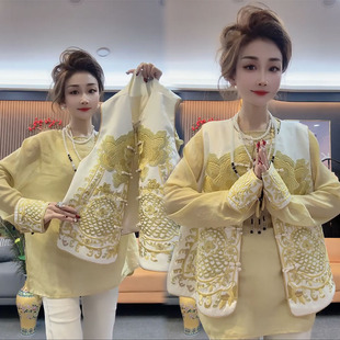 2024年早春款女装新中式唐装盘扣中国风刺绣马甲衬衫两件套装