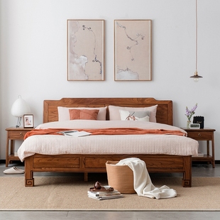 新中式实木床简约主卧老榆木加厚双人床1.5米1.8米储物床卧室家具