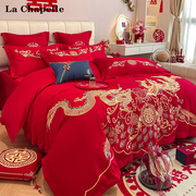 中式龙凤刺绣结婚四件套大红色，床单被套非纯棉喜被新婚庆(新婚庆)床上用品