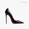 hltino2024早春黑色漆皮尖头，高跟鞋女细跟性感红底工作单鞋子
