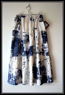 夏季棉麻长裙亚麻拼接款半裙波西米亚裙子，蓝色水墨中短裙
