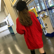 秋冬大红色麻花毛衣裙(毛衣裙，)女网红宽松套头，外穿慵懒风中长款针织连衣裙