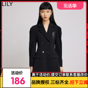 LILY2022春女装复古泡泡袖气质双排扣收腰显瘦黑色西装连衣裙