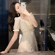 浪漫刺绣蕾丝雪纺短袖连衣裙2024夏季法式甜美气质，泡泡袖仙女长裙