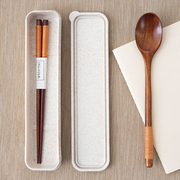 居家家木质勺子筷子三件套家用上班便携长柄小汤勺餐具收纳盒套装