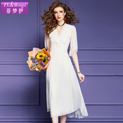 菲梦伊雪纺真丝白色连衣裙，女夏季时尚设计感褶皱高腰桑蚕丝长裙子