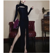 WYZ盖盖设计款长裙黑色吊带裙两件套秋季设计感显瘦两件套黑裙