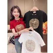 新中式国风刺绣红色T恤洋气短袖女春2024时尚百搭显瘦上衣服