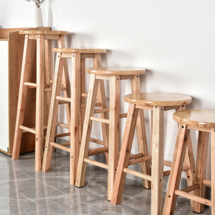 高脚凳实木高凳子(高凳子)吧台用吧椅，原木吧台凳梯凳酒吧椅子家用餐桌凳子
