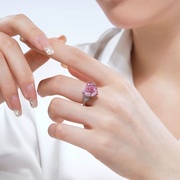 网红同款s925银爱心形高碳钻戒指异形钻冰花切工粉钻戒指纯银指环