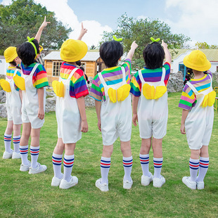 七彩短袖翅膀白色背带裤套装幼儿园亲子班服六一儿童节表演服