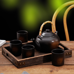 日式商用餐厅陶瓷水壶竹柄手提茶壶套装创意，复古风大容量茶具