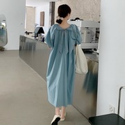 学生大码女装200斤胖MM夏季韩版chic泡泡袖设计感减龄短袖连衣裙