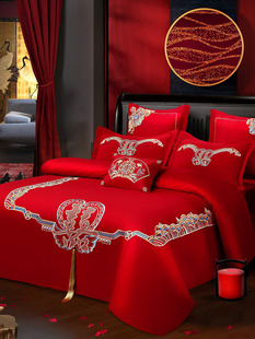 高档中式刺绣全棉婚庆四件套多件套大红色床单被套女陪嫁床上用品